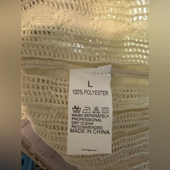 Womens Ribbed Beach Slip Dress Large L Ivory Crochet Stretch Knee Length Eyelet - Picture 10 of 11